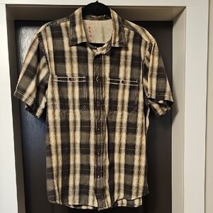 Point Zero Short-Sleeve Plaid Button-Down Shirt - Beige and Black